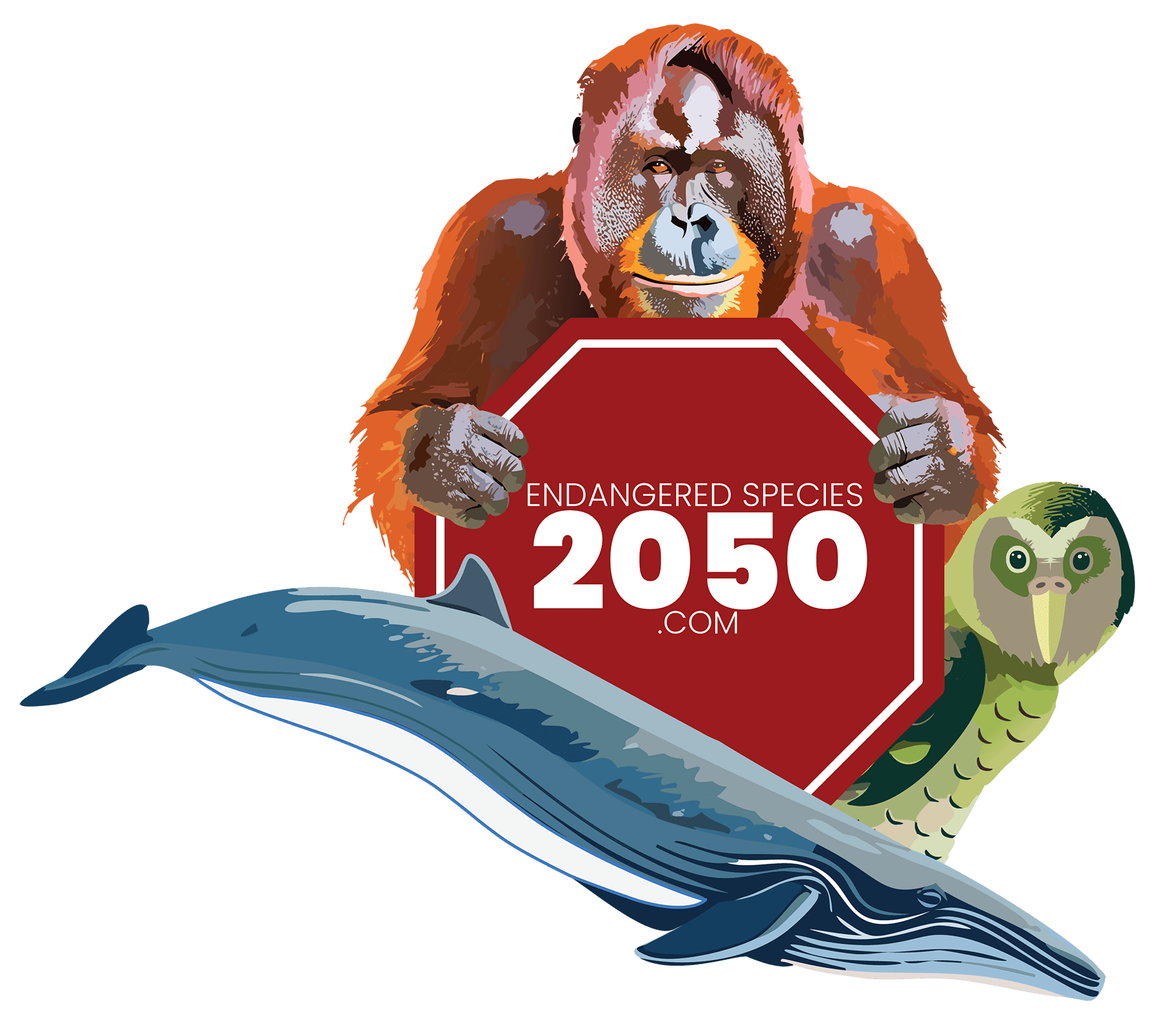 Endangered Species 2050 Logo Icon only - orangutan, sei whale, Kakapo parrot, stop the inevitable sign