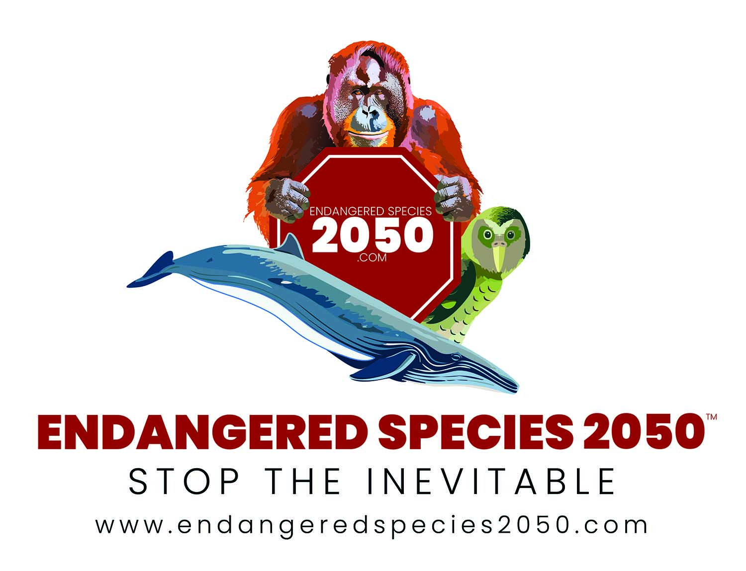 Endangered Species 2050 Logo Sei whale, kakapo, orangutan