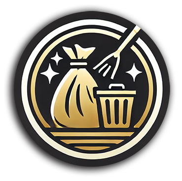 Cleanup Icon has a garbage bag, rake, and trash can