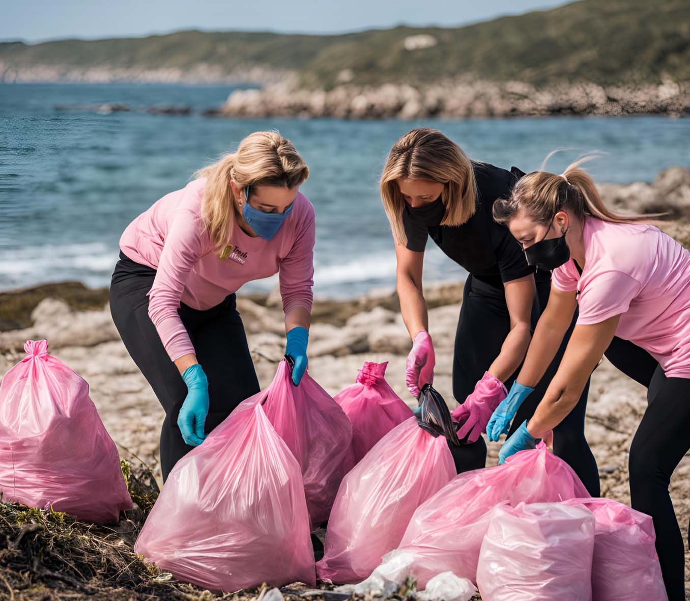 A group of 3 Trash Mom's cleaning up the beach, and bagging the trash into pink trash bags.