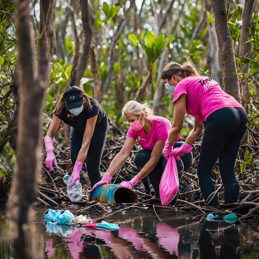 Women picking up garbage in the mangroves at the waters edge.