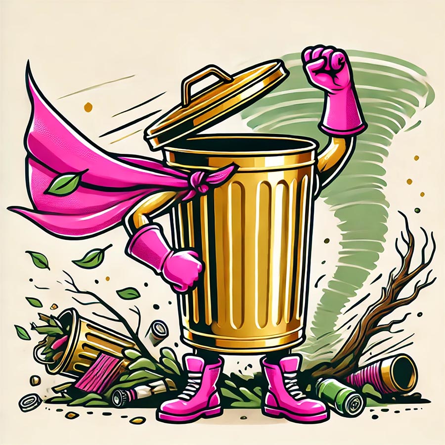 Trash Moms Golden garbage can character with pink gloves, shoes, a pink cape, and behind is a tornado hurricane