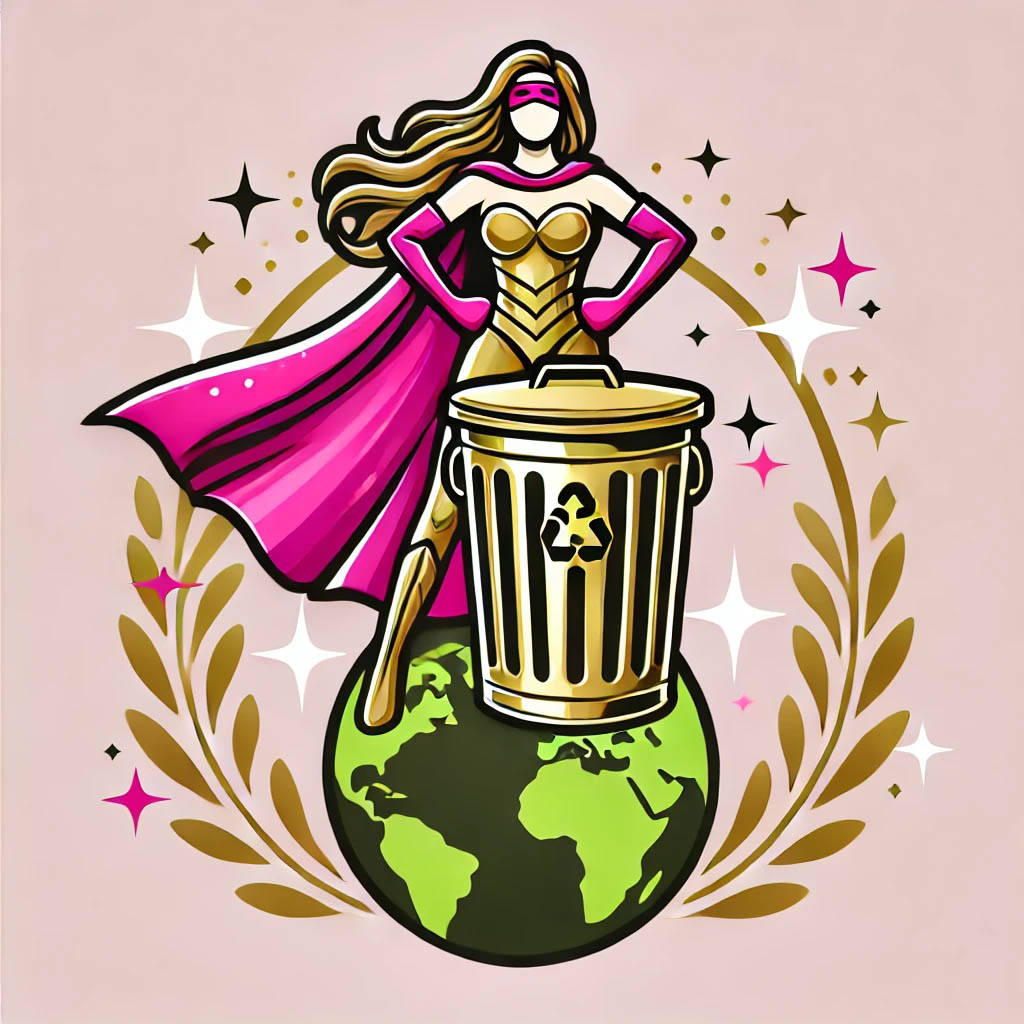 Cartoon super hero woman wearing a pink cape. She is standing on the earth globe. A garbage can is also on the globe.